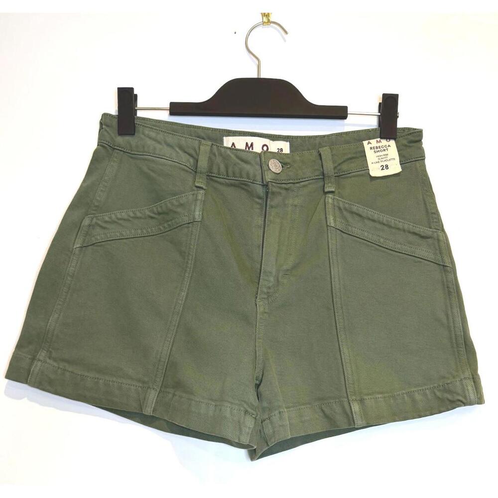 NWT! AMO Denim Rebecca Shorts in Kelp Green High Rise Utility Jean Shorts Sz 28